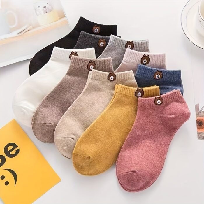 5 Pairs Couple'S Cartoon Bear Pattern Short Socks, 100% Polyester Knit Fabric, Breathable Comfortable Casual Ankle Socks, Hand Wash - 120g/m² - Image 4