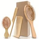 4pcs Hair Brush Comb Set for Men Women - Bamboo Bristle Hairbrush with Tail Comb, Tooth Comb, Double Head Comb, 3 Air Cushion Massage Brushes for Scalp Massage, Bamboo Material, Finishing Comb Style, Scalp Massager Set|Natural Bamboo Brush|Ergonomic Desig