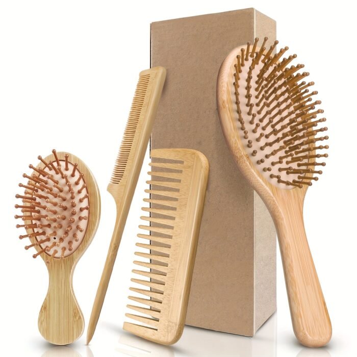 4pcs Hair Brush Comb Set for Men Women - Bamboo Bristle Hairbrush with Tail Comb, Tooth Comb, Double Head Comb, 3 Air Cushion Massage Brushes for Scalp Massage, Bamboo Material, Finishing Comb Style, Scalp Massager Set|Natural Bamboo Brush|Ergonomic Desig - Image 3