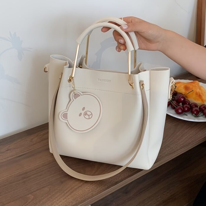 Stylish Large Capacity Women's Tote Bag - Versatile Shoulder & Crossbody Purse with Zipper Closure, PU Material, Cream Color, Golden-Toned Hardware, and Adorable Bear Charm, Crossbody Bag - Image 12