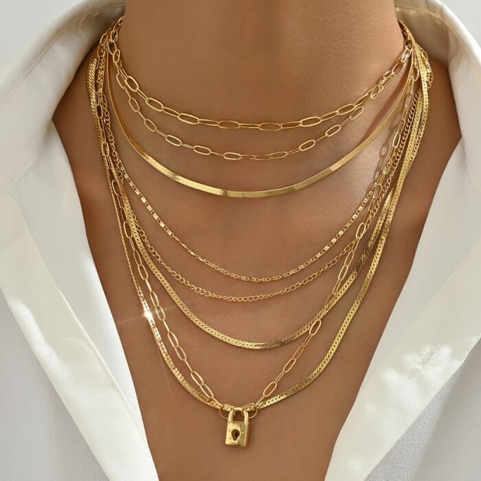 1pc Layered Chain Necklace for Women - Golden-Tone Bohemian Punk Rock Style with Interlocking Links & Rectangular Pendants, Elegant Versatile Jewelry for Daily Wear, Parties, All-Season Fashion Accessory, Party Accessories, Chic Appearance, Delicate Craftsmanship - Image 6
