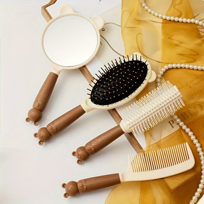 4-Piece Cute Bear Hair Comb Set with Air Cushion Brush, Finishing Comb, Round Curling Brush & Makeup Mirror - Ideal for Normal Hair Travel Essentials - Image 2