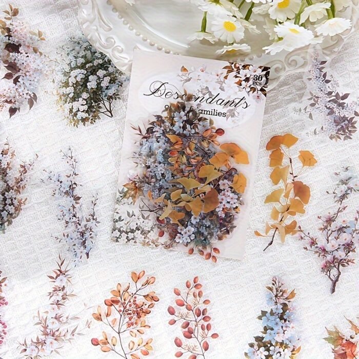 30-Pack Plant Floral Branch PET Decorative Stickers, Mixed Color Self-Adhesive Plastic Craft Embellishments with Crystal Accents, Glossy Finish, Irregular Shapes for Scrapbooking and Journaling - Image 4