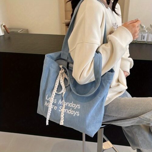 1pc Vintage American Tote Bag - Large Capacity Light Blue Shoulder Bag with "LESS MONDAYS MORE SUNDAYS" Print, Perfect for Students, Commuting, and Casual Outings, Commuting Essential, Artistic Text Design, Zipper Closure