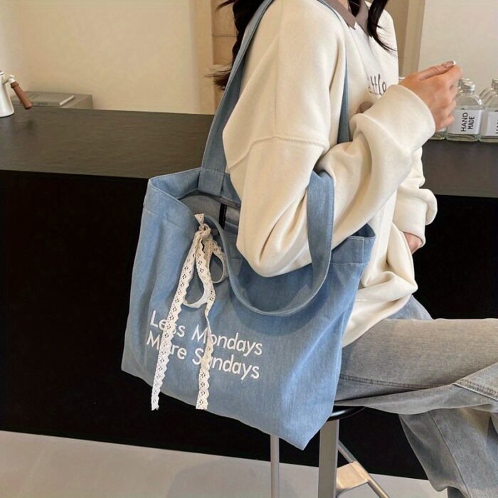 1pc Vintage American Tote Bag - Large Capacity Light Blue Shoulder Bag with "LESS MONDAYS MORE SUNDAYS" Print, Perfect for Students, Commuting, and Casual Outings, Commuting Essential, Artistic Text Design, Zipper Closure