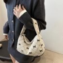 Women's Handbag and Wallet Sweet Plaid Bow Pocket Bag, Gray-White Autumn-Winter Corduroy Material, Niche Design, Large Capacity Underarm Casual Style, Japanese-Korean Backpack Trend, Minimalist Fashionable Tote Bag, Essential for Gifting, Holidays, Travel, and Outings