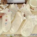5 Pairs Spring Summer Bunny Rabbit Socks - Pastel Polka Dot & Striped Design, Soft Stretchy Polyester-Spandex Blend, Lightweight Breathable Casual Crew Socks for Women s, Machine Washable