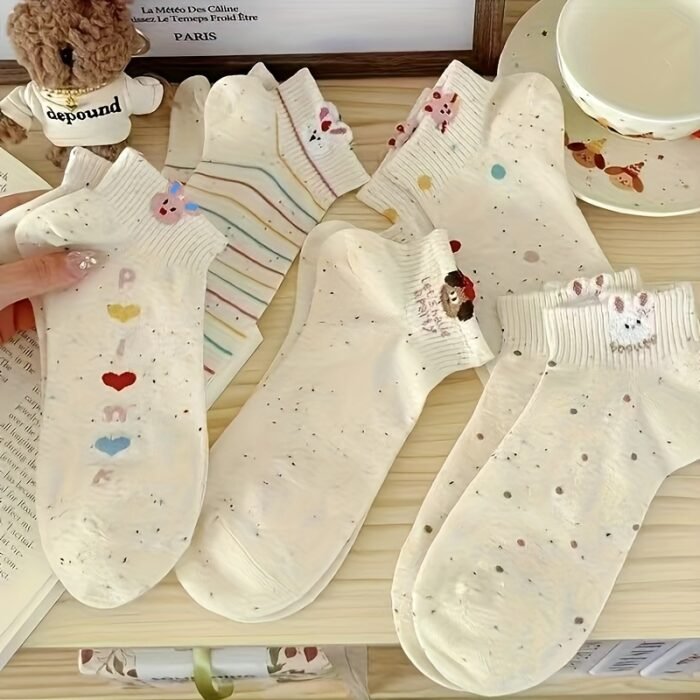 5 Pairs Spring Summer Bunny Rabbit Socks - Pastel Polka Dot & Striped Design, Soft Stretchy Polyester-Spandex Blend, Lightweight Breathable Casual Crew Socks for Women s, Machine Washable - Image 4