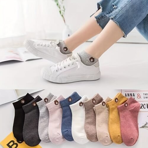 5 Pairs Couple'S Cartoon Bear Pattern Short Socks, 100% Polyester Knit Fabric, Breathable Comfortable Casual Ankle Socks, Hand Wash - 120g/m²