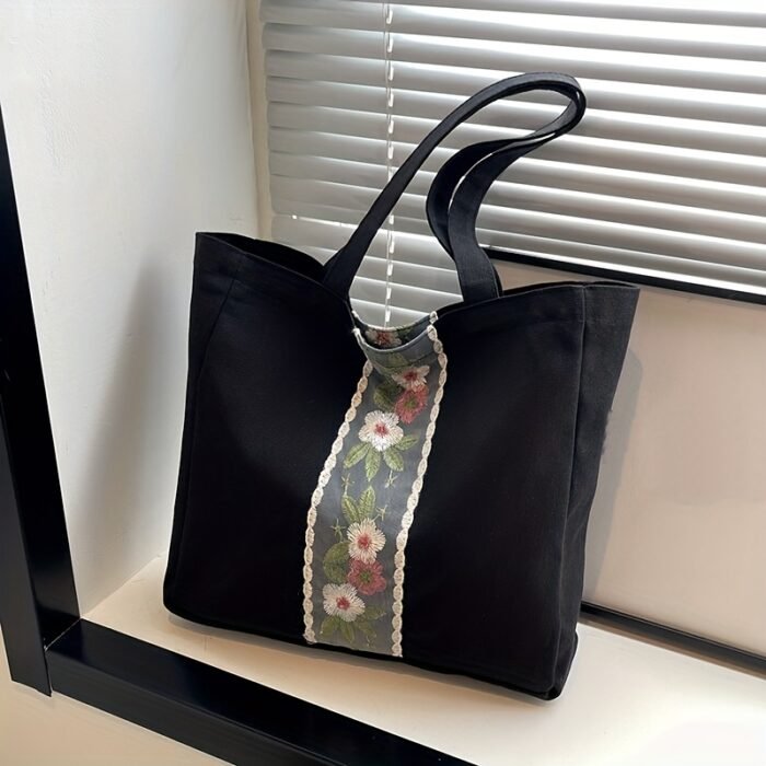 1pc Large Capacity Canvas Tote Bag - Fashionable White Shoulder Bag with Floral Embroidery, Durable Zippers, Ideal for Commuting, Travel, and, Commuting Bag|Floral Embroidery Bag|Durable Zippers - Image 10