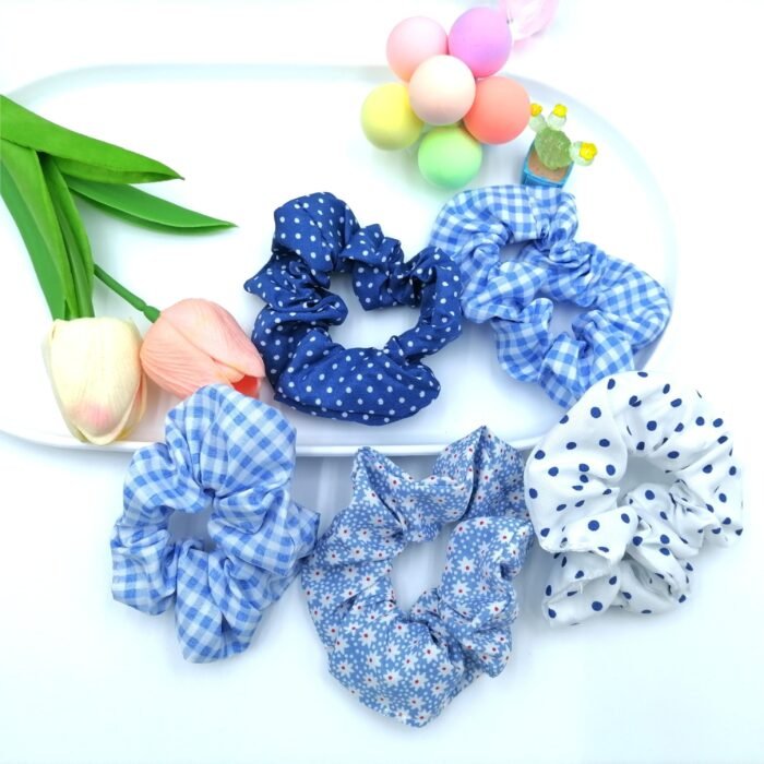 French Forest Summer Ocean Breeze Blue Polka Dot Hair Ties Set, Elegant Cute Fabric Scrunchies with Flower Prints, Sweet Floral & Dot Hair Bands, Academy Style for Ages 14+ - Pack of Multiple Hair Rings - Image 11