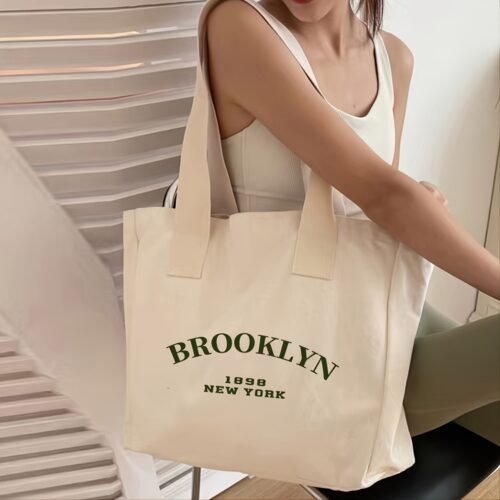 [Lightweight Design] Brooklyn 1989 NYC Tote Bag for Women - Large Capacity, Beige with Green Letter Print, Fixed Shoulder Straps, Hand Washable, Casual Everyday Use