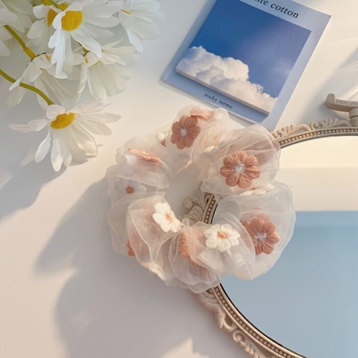 Korean-Inspired Floral Embroidered Hairband - Organza & Mesh Hair Accessory with Blue/White/Pink Flowers, Elastic Comfort Fit for Women, Casual & Formal Events, Formal Event Accessory | Floral Hairband | Soft Texture, Hair Accessories - Image 2