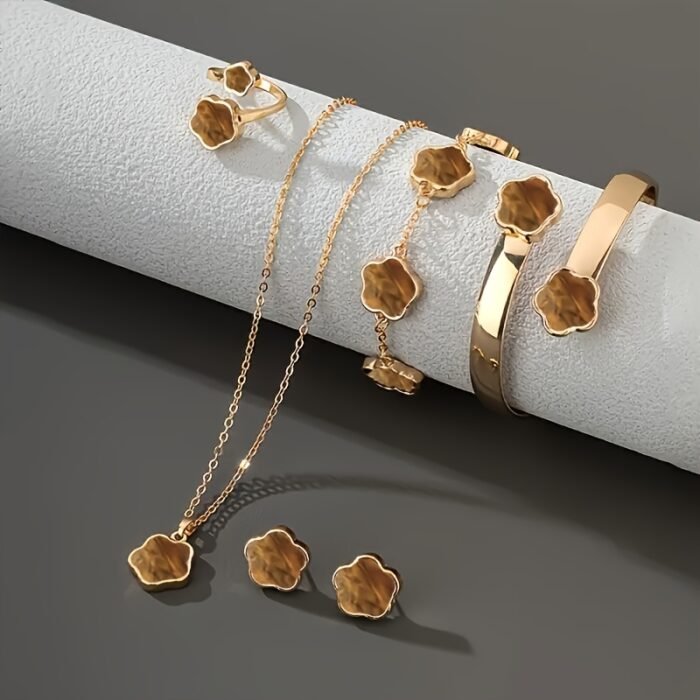 5pcs Classic Lucky Flower Women's Necklace + Earrings + Ring + Bracelet Set Simple Elegant Design Birthday Wedding New Year Valentine's Day Celebration Fashion Jewelry Set - Image 11
