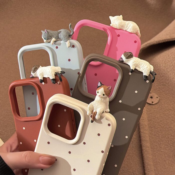 Simple Wave Dot Cute Three-dimensional Purr Cat Mobile Phone Case Suitable for Apple 16/15/14/13/12 Series - Image 2