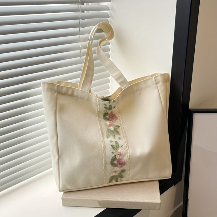 1pc Large Capacity Canvas Tote Bag - Fashionable White Shoulder Bag with Floral Embroidery, Durable Zippers, Ideal for Commuting, Travel, and, Commuting Bag|Floral Embroidery Bag|Durable Zippers - Image 3