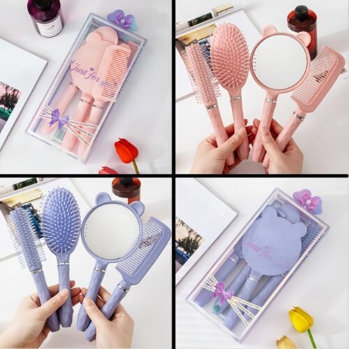 4pcs/set of high-looking cute comb set, mirror air cushion comb, roller comb, head massage comb, portable anti-static styling comb set, long hair curling student dormitory massage comb for women