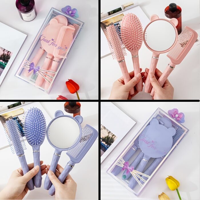 4pcs/set of high-looking cute comb set, mirror air cushion comb, roller comb, head massage comb, portable anti-static styling comb set, long hair curling student dormitory massage comb for women