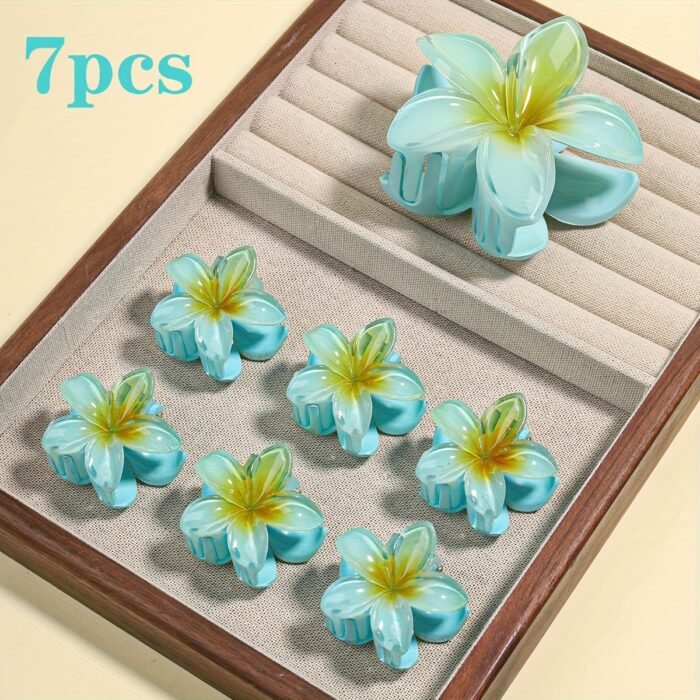 7pcs Minimalist Floral Hair Clip Set, Gradient Jelly Cute Clips, Large Non-Slip Scrunchie and Multifunctional Bangs Side Egg Lace Clips, Essential for Beach Vacation Swimming - Image 5