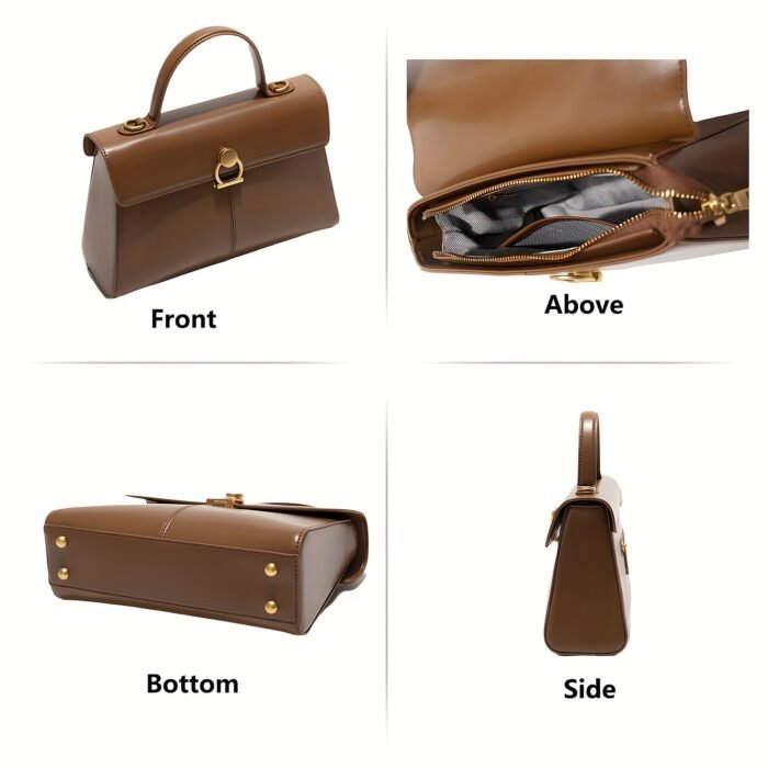 Elegant Women's Top Handle Satchel Bag - Chic Solid Color Design with Adjustable Shoulder Strap, Golden-Tone Clasp & Spacious Interior, Perfect for Daily Use or Gift Giving (Khaki/Dark Brown/Red/Black), Versatile Fashion Accessory | Fashionable Accessory | Synthetic Leather Bag - Image 6