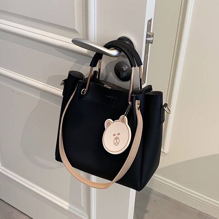 Stylish Large Capacity Women's Tote Bag - Versatile Shoulder & Crossbody Purse with Zipper Closure, PU Material, Cream Color, Golden-Toned Hardware, and Adorable Bear Charm, Crossbody Bag - Image 8