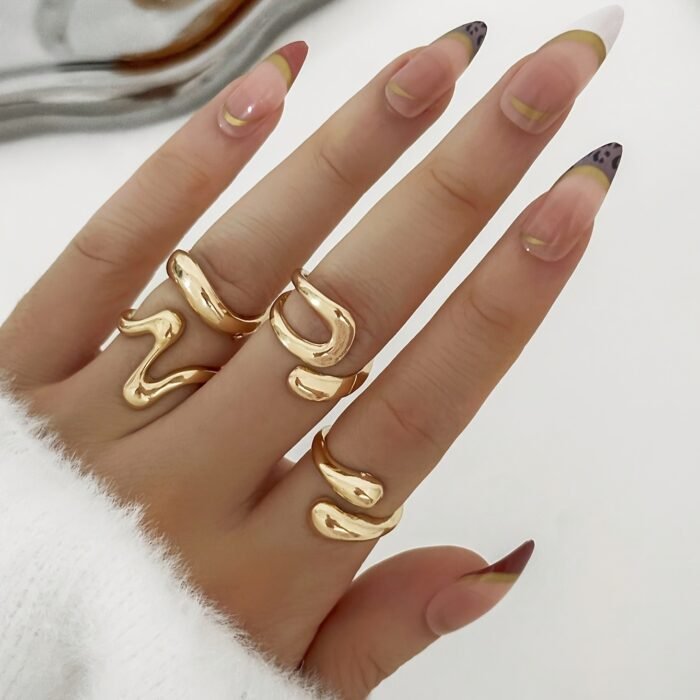 4pcs Set Retro Fashion Geometric Open Circle Liquid Asymmetrical Ring Set - Charming Jewelry for Women, Gold-Tone Alloy, Perfect for Parties & Daily Wear, Everyday Rings|Vintageinspired Rings|Open Circle Design, Rings for Women - Image 6