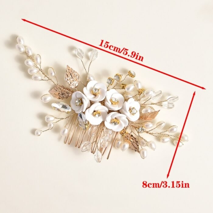 1pc White Soft Pottery Flower & Silvery Leaf Bridal Hair Comb Elegant - Image 13