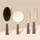 4-Piece Cute Bear Hair Comb Set with Air Cushion Brush, Finishing Comb, Round Curling Brush & Makeup Mirror - Ideal for Normal Hair Travel Essentials