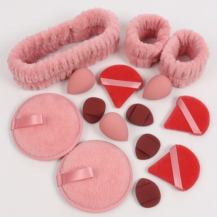 15pcs set of hair tie lazy puff. 2 face wash puffs & 3 makeup sponges & 3 triangular loose powder puffs & 4 mini air cushions & 1 headband & 2 wristbands. Facial sponge, used for daily exfoliation and cleansing, foam removal and facial scrubbing - Image 16