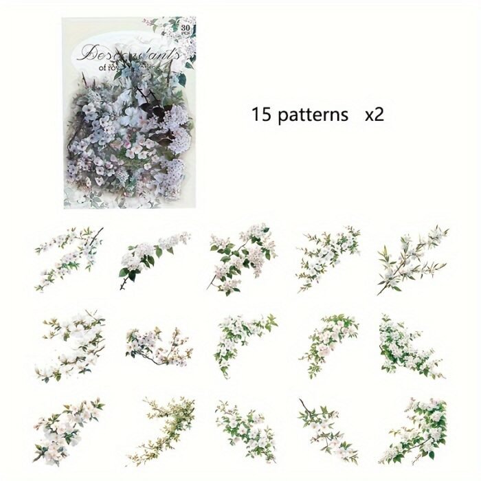 30-Pack Plant Floral Branch PET Decorative Stickers, Mixed Color Self-Adhesive Plastic Craft Embellishments with Crystal Accents, Glossy Finish, Irregular Shapes for Scrapbooking and Journaling - Image 6