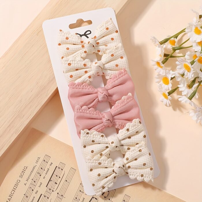 6pcs Bohemian Cream Polka Dot Bow Hair Clips - Soft Polyester, Fashionable and Gentle for Girls, Perfect for Parties, Gatherings, and Casual Attire, Party Hair Accessories|Playful Bow Design|Soft Texture Clips, Cute Hair Accessorie - Image 5
