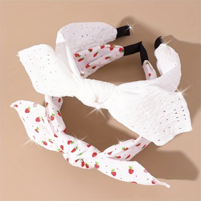 2pcs Cute Pink Strawberry & Floral Bunny Ear Headbands for Girls - Sweet, Versatile Hair Accessories with Bow Detail - Image 21