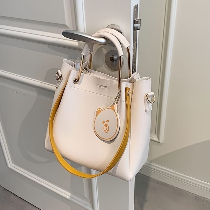 Stylish Large Capacity Women's Tote Bag - Versatile Shoulder & Crossbody Purse with Zipper Closure, PU Material, Cream Color, Golden-Toned Hardware, and Adorable Bear Charm, Crossbody Bag - Image 4