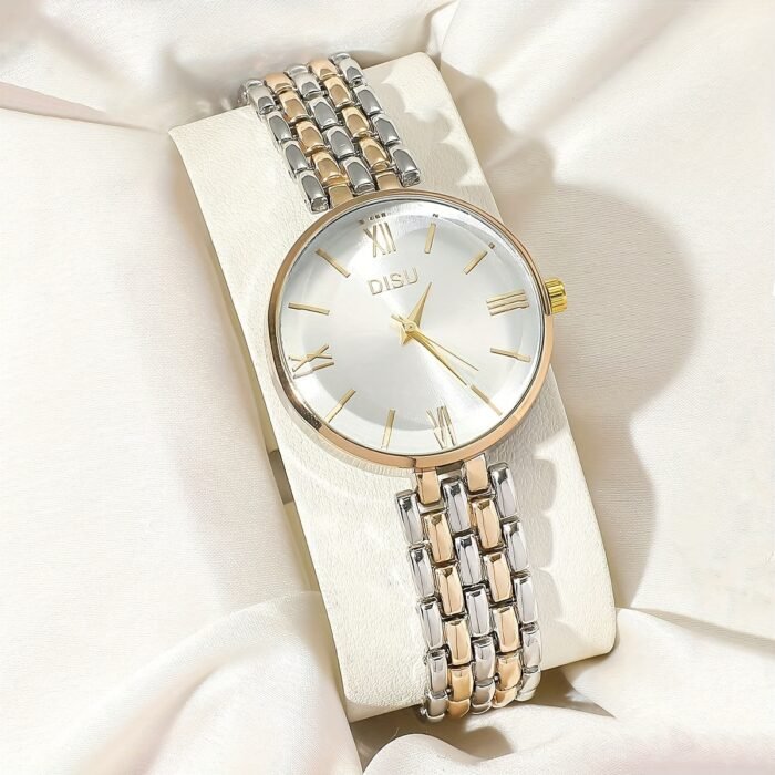 Elegant Women'S Quartz Watch with Roman Numerals, Zinc Alloy Strap, Golden-Tone Disc Case, and Minimalist Design - Perfect for Casual or Formal Wear, Ladies Watches - Image 3