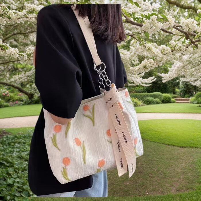 Women's Elegant Casual White Tulip Floral Print Tote Bag - Large Capacity Fabric Shoulder Bag with Adjustable Long Woven Strap & Zipper Closure, Includes Wrist Strap for Work, Travel, Daily Use, Polyester Lining - Image 7