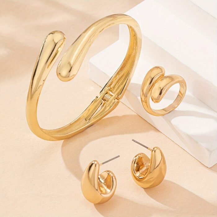 2pcs of Teardrop Earrings + 1pc of Bracelet + 1pc of Ring Geometric Teardrop Shape Women'S Jewelry Set Suitable for Daily Wear And Versatile Party Gifts - Image 5