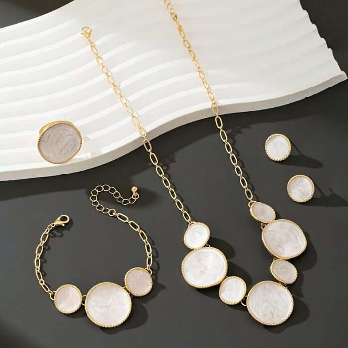 Four-Piece Women's Jewelry Set: Pure White Geometric Pendant Necklace, Bracelet, Ring, and Earrings - Image 3