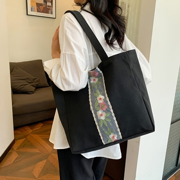 1pc Large Capacity Canvas Tote Bag - Fashionable White Shoulder Bag with Floral Embroidery, Durable Zippers, Ideal for Commuting, Travel, and, Commuting Bag|Floral Embroidery Bag|Durable Zippers - Image 2
