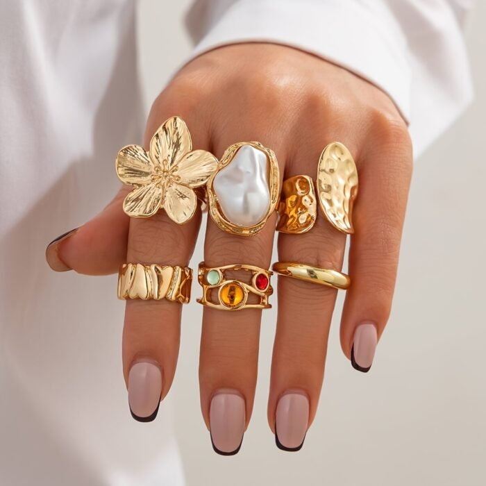 6pcs set of fashionable and flower-set Rhinestone rings, metal geometric irregular opening ring sets suitable for parties and gifts for friends - Image 6