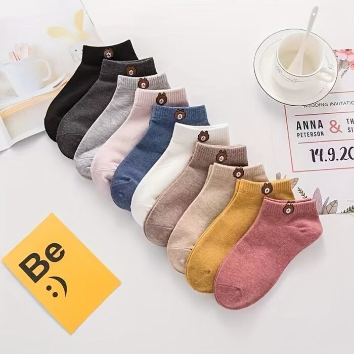 5 Pairs Couple'S Cartoon Bear Pattern Short Socks, 100% Polyester Knit Fabric, Breathable Comfortable Casual Ankle Socks, Hand Wash - 120g/m² - Image 2