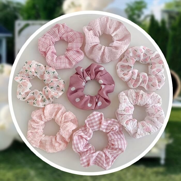 8pcs Elegant Pink & White Check & Floral Hair Ties - Soft Fabric, Non-Slip, Perfect for Buns & Pigtails, Ideal Gift Set for Women, Everyday Hair Accessories | Check Pattern Ties | Elastic Headbands, Hair Accessories Set - Image 17