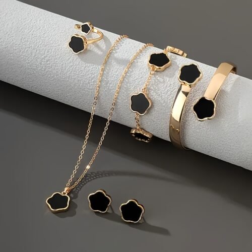 5pcs Classic Lucky Flower Women's Necklace + Earrings + Ring + Bracelet Set Simple Elegant Design Birthday Wedding New Year Valentine's Day Celebration Fashion Jewelry Set