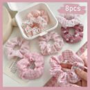8pcs Elegant Pink & White Check & Floral Hair Ties - Soft Fabric, Non-Slip, Perfect for Buns & Pigtails, Ideal Gift Set for Women, Everyday Hair Accessories | Check Pattern Ties | Elastic Headbands, Hair Accessories Set