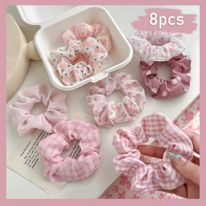 8pcs Elegant Pink & White Check & Floral Hair Ties - Soft Fabric, Non-Slip, Perfect for Buns & Pigtails, Ideal Gift Set for Women, Everyday Hair Accessories | Check Pattern Ties | Elastic Headbands, Hair Accessories Set - Image 2