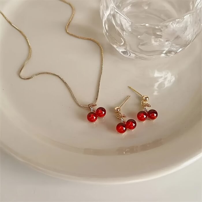 3pcs/set Fashionable and Luxurious Red Cherry Pendant Necklace and Earrings for Personalized Girls' Daily Wear, Party Accessories and Gifts - Image 9