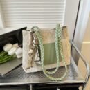 Women's Vintage Woven Tote Bag - Summer 2025 New Design, Large Capacity Crossbody Shoulder Bag with Decorative Tassel Handles & Zipper Closure, Light Brown/White/Green, Durable Fabric for Casual & Holiday Use, Casual Shoulder Bag | Braided Strap Bag | Zipper Closure Tote