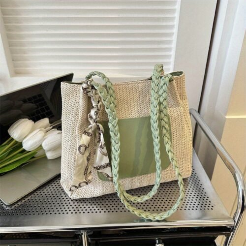 Women's Vintage Woven Tote Bag - Summer 2025 New Design, Large Capacity Crossbody Shoulder Bag with Decorative Tassel Handles & Zipper Closure, Light Brown/White/Green, Durable Fabric for Casual & Holiday Use, Casual Shoulder Bag | Braided Strap Bag | Zipper Closure Tote