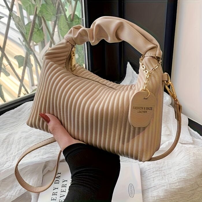 Striped Handbag for Women - Stylish Urban Shoulder Bag with Zipper Closure, Polyester Lined, Black, Perfect for Casual or Office Us - Image 8