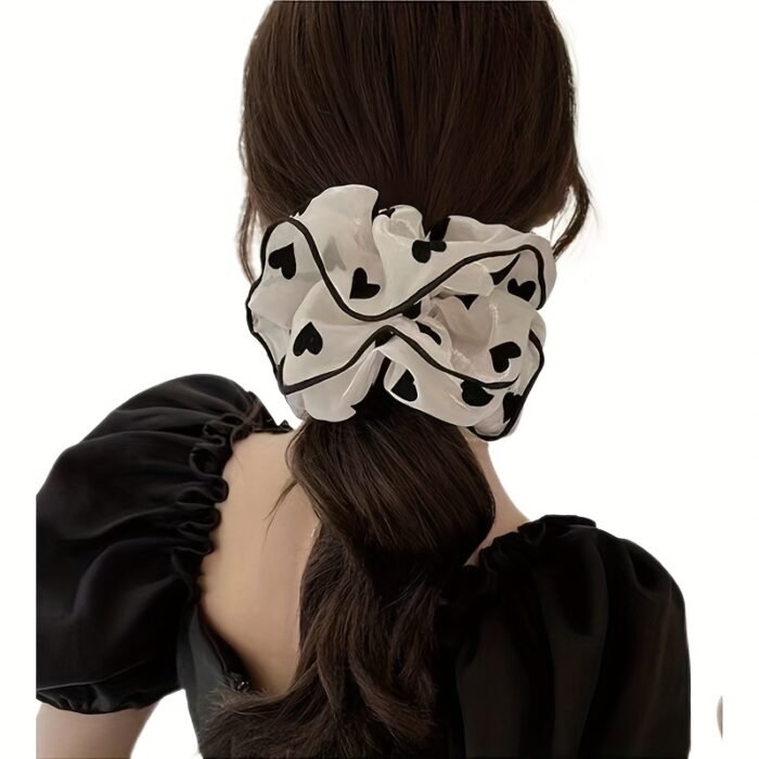 Elegant Mesh Hair Scrunchies with Black Polka Dot & Heart Design - Korean Style, Tassel Detail, Women'S Fashion Hair Ties for Valentine'S Day, Everyday & Special Occasions, Cute Hair Accessorie - Image 7
