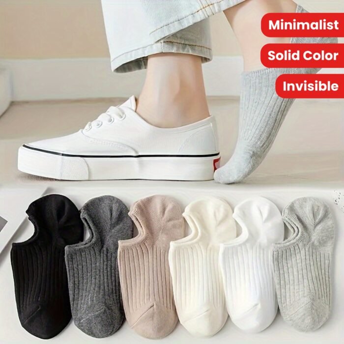 6 Pairs of Minimalist Solid Color Women's Invisible Boat Socks - Suitable for All Seasons - Image 8